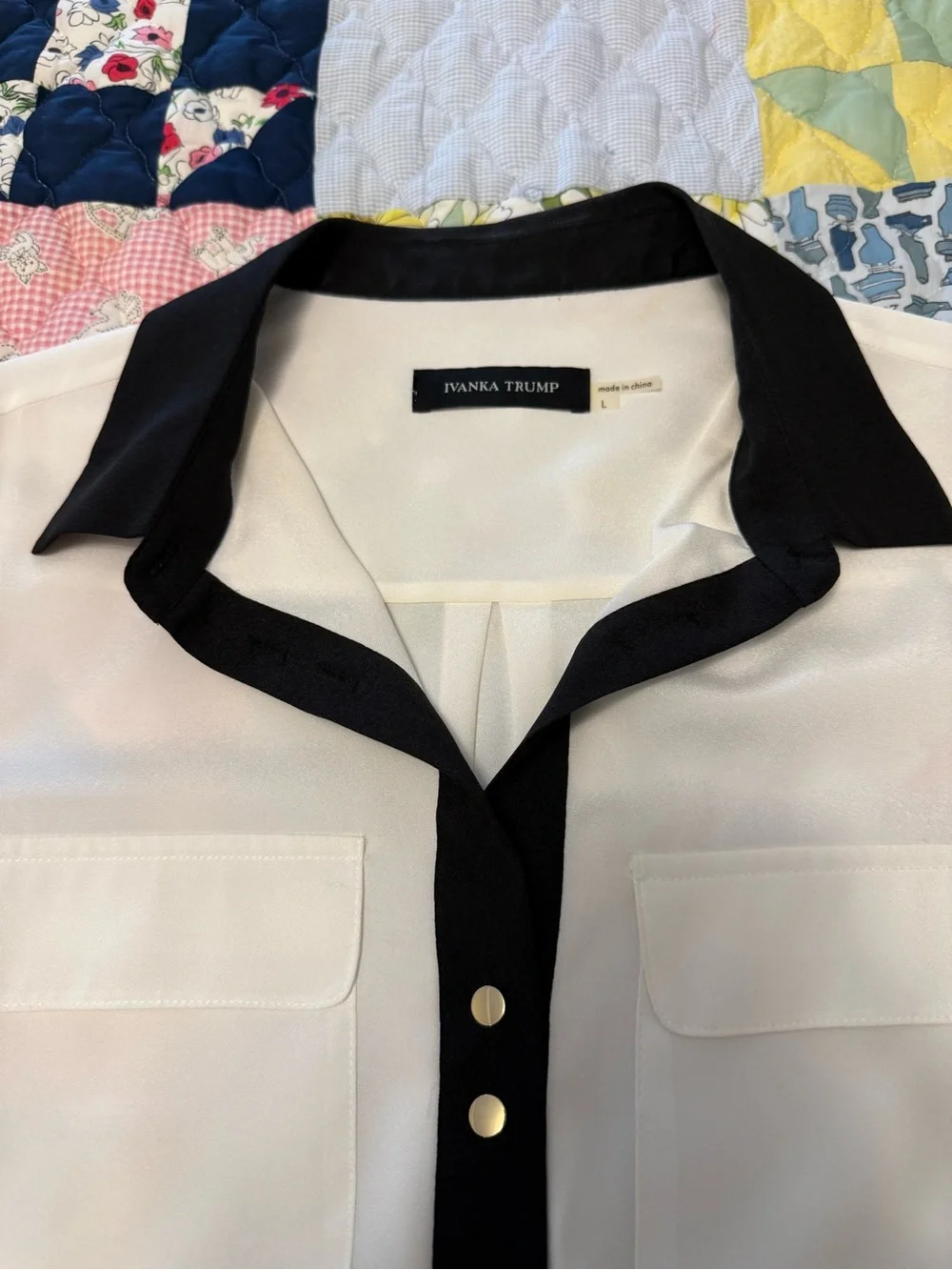 White Blouse with Black Trim Collar & Placket - Picture 3 of 4